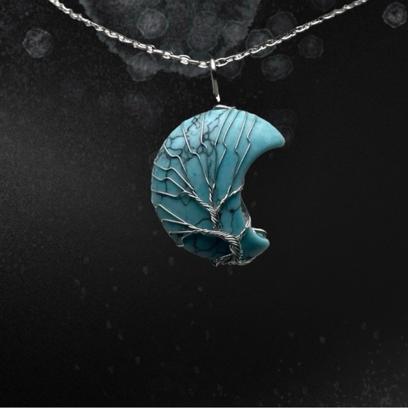 Blue Stone Necklace Moon Tree of Life Long Chain - Picture 1 of 1